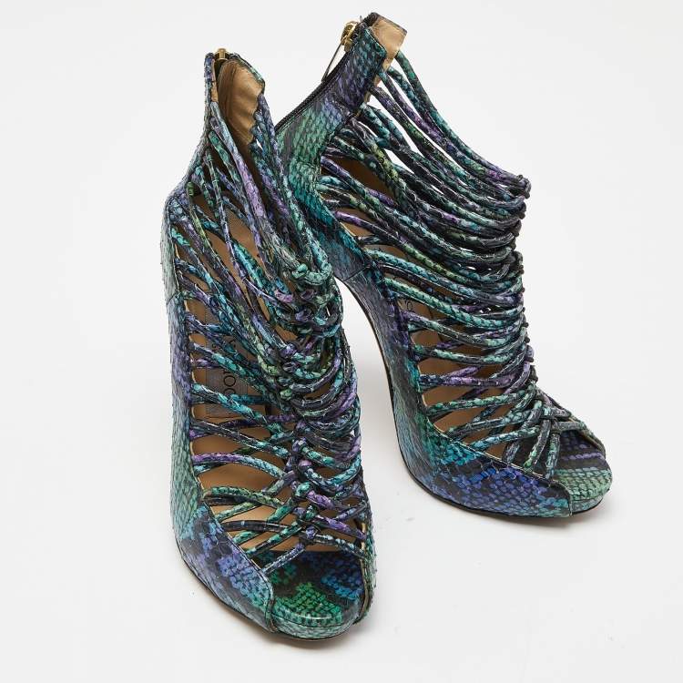 Pre Owned Jimmy Choo Tricolor Embossed Snakeskin Open Toe Strappy Sandals Size 36