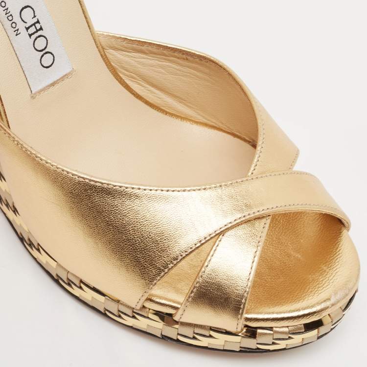 Pre Owned Jimmy Choo Gold Leather Almer Wedge Sandals Size 38