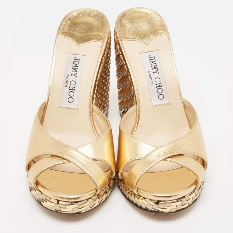 Pre Owned Jimmy Choo Gold Leather Almer Wedge Sandals Size 38