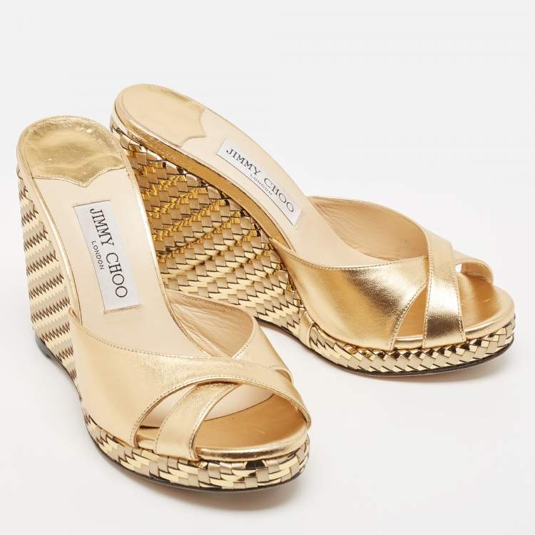 Pre Owned Jimmy Choo Gold Leather Almer Wedge Sandals Size 38