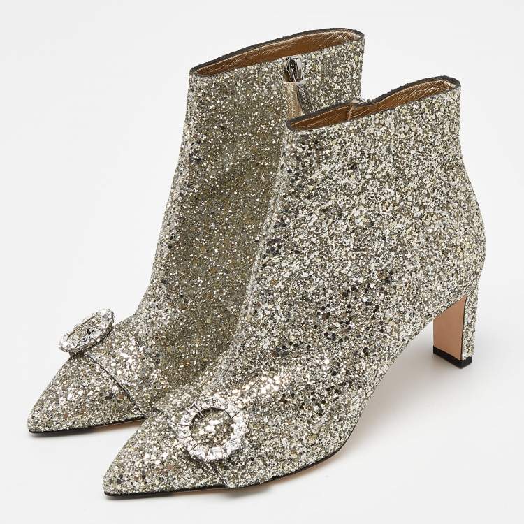 Pre Owned Jimmy Choo Metallic Silver Glitter Hanover Crystal Embellished Pointed Toe Booties Size 39
