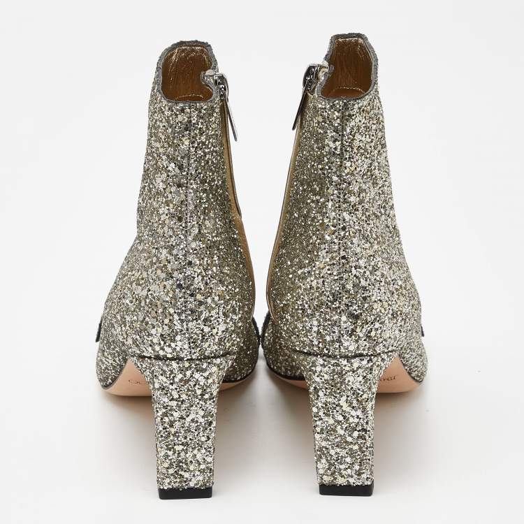 Pre Owned Jimmy Choo Metallic Silver Glitter Hanover Crystal Embellished Pointed Toe Booties Size 39