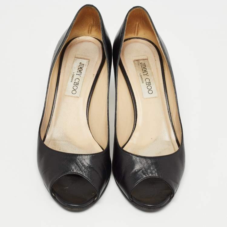Pre Owned Jimmy Choo Black Leather Evelyn Peep Toe Pumps Size 38