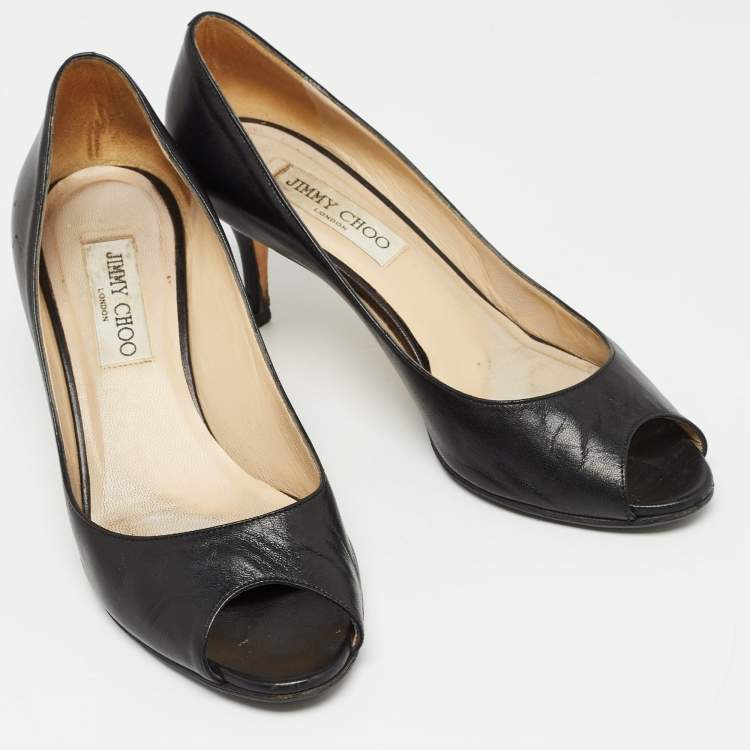 Pre Owned Jimmy Choo Black Leather Evelyn Peep Toe Pumps Size 38