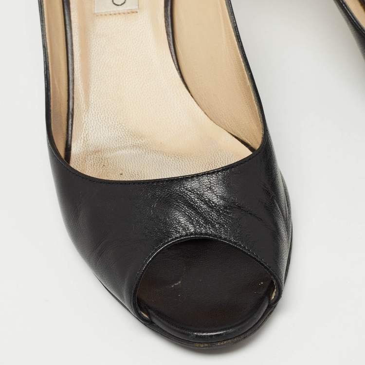 Pre Owned Jimmy Choo Black Leather Evelyn Peep Toe Pumps Size 38