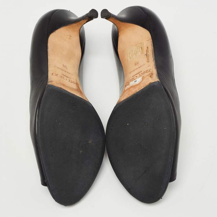 Pre Owned Jimmy Choo Black Leather Evelyn Peep Toe Pumps Size 38