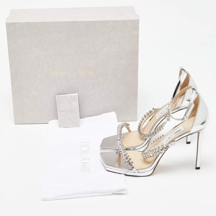 Pre Owned Jimmy Choo Silver Laminated Leather Crystal Embellished Ankle Strap Sandals Size 41