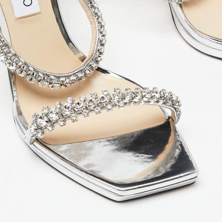 Pre Owned Jimmy Choo Silver Laminated Leather Crystal Embellished Ankle Strap Sandals Size 41