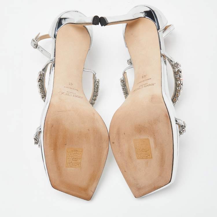 Pre Owned Jimmy Choo Silver Laminated Leather Crystal Embellished Ankle Strap Sandals Size 41