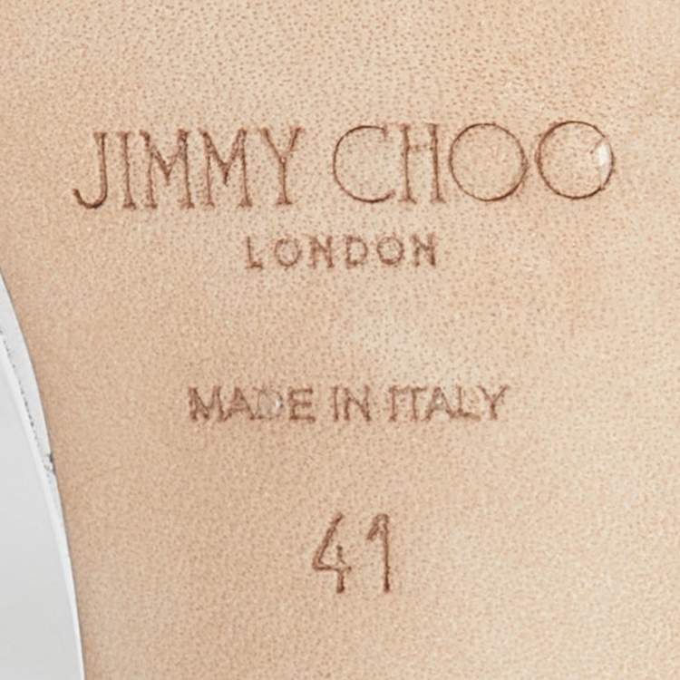 Pre Owned Jimmy Choo Silver Laminated Leather Crystal Embellished Ankle Strap Sandals Size 41