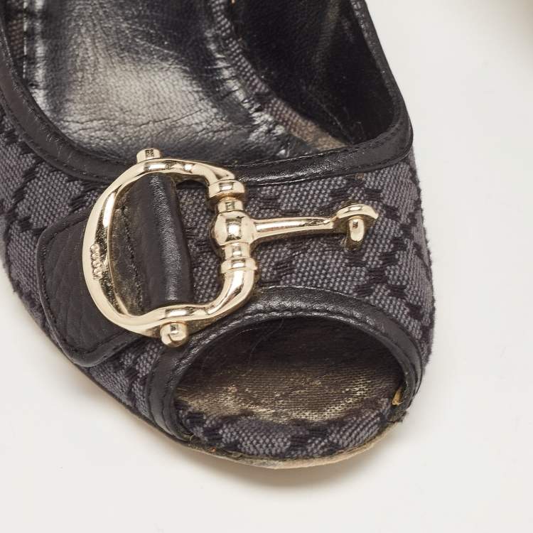 Pre Owned Gucci Two Tone Diamante Canvas and Leather Icon Bit Peep Toe Pumps Size 38