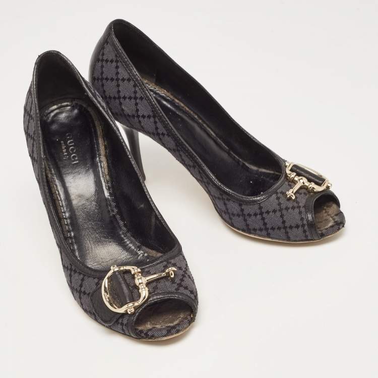 Pre Owned Gucci Two Tone Diamante Canvas and Leather Icon Bit Peep Toe Pumps Size 38