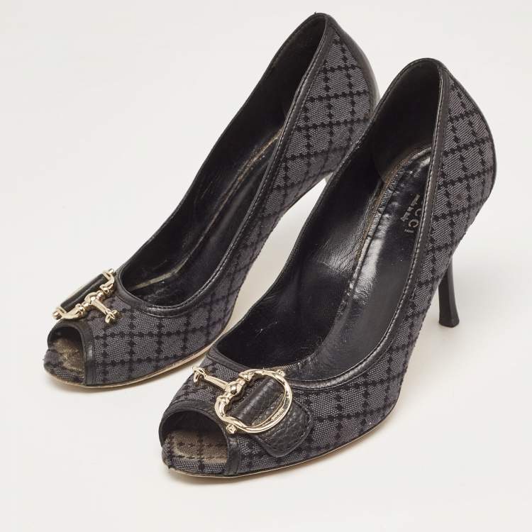 Pre Owned Gucci Two Tone Diamante Canvas and Leather Icon Bit Peep Toe Pumps Size 38