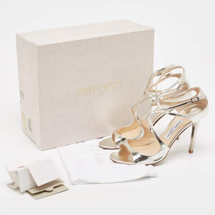 مملوكة مسبقًا Jimmy Choo Metallic Silver Foil Leather Lang Strappy Sandals Size 39