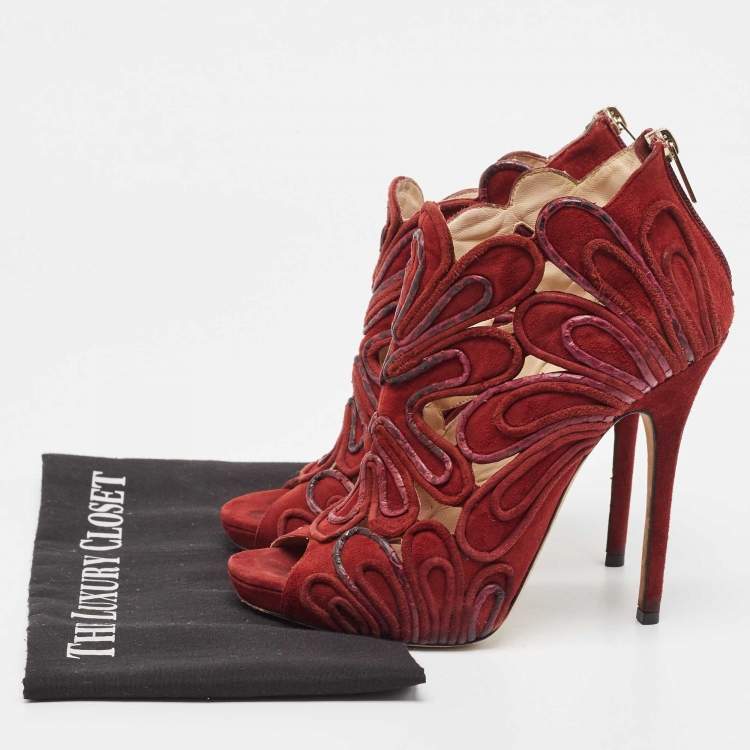 Pre Owned Jimmy Choo Burgundy Suede Floral Cut Out Peep Toe Ankle Booties Size 38