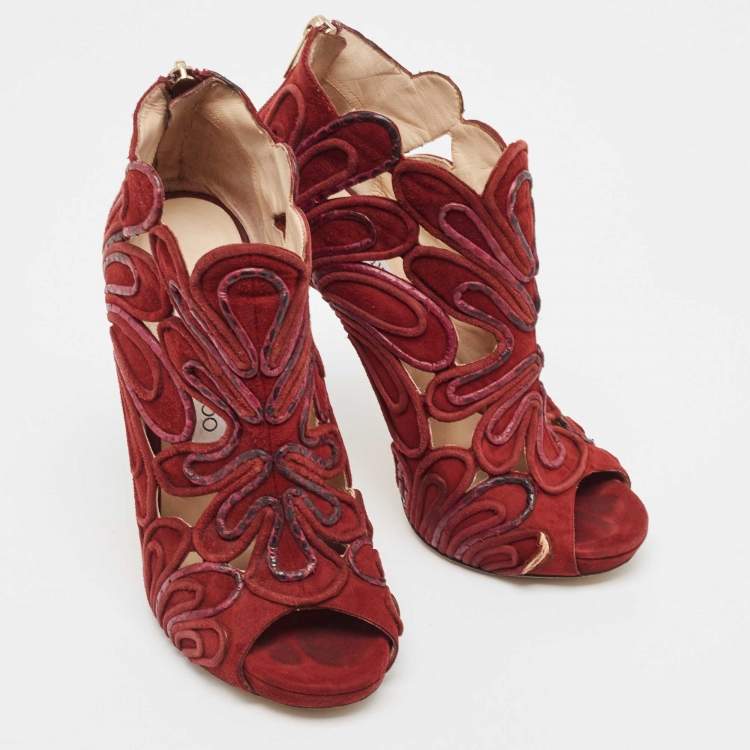 Pre Owned Jimmy Choo Burgundy Suede Floral Cut Out Peep Toe Ankle Booties Size 38