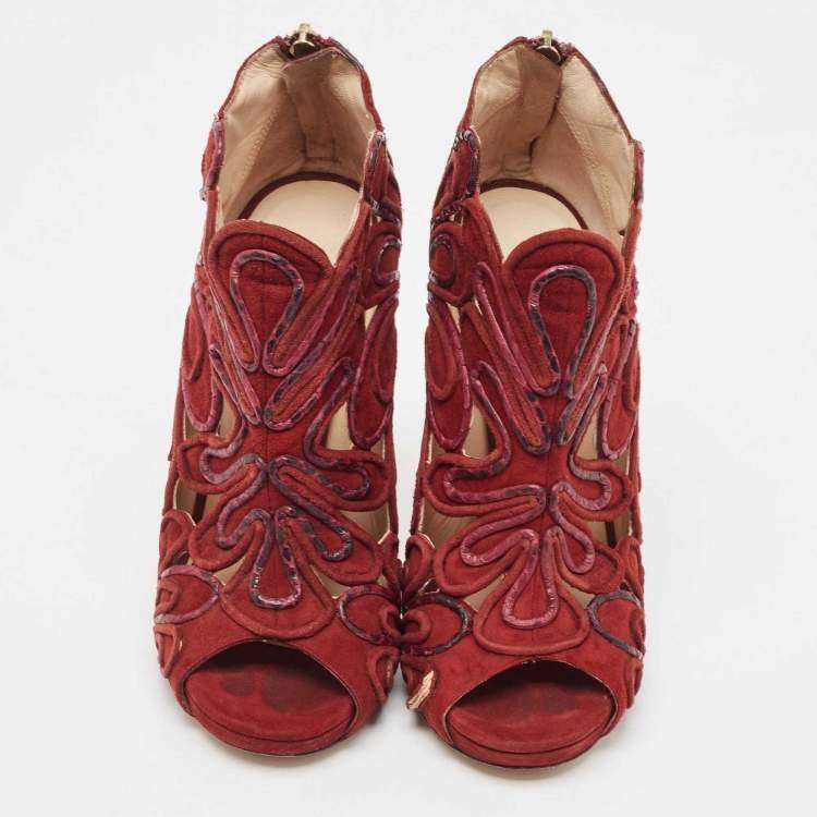 Pre Owned Jimmy Choo Burgundy Suede Floral Cut Out Peep Toe Ankle Booties Size 38