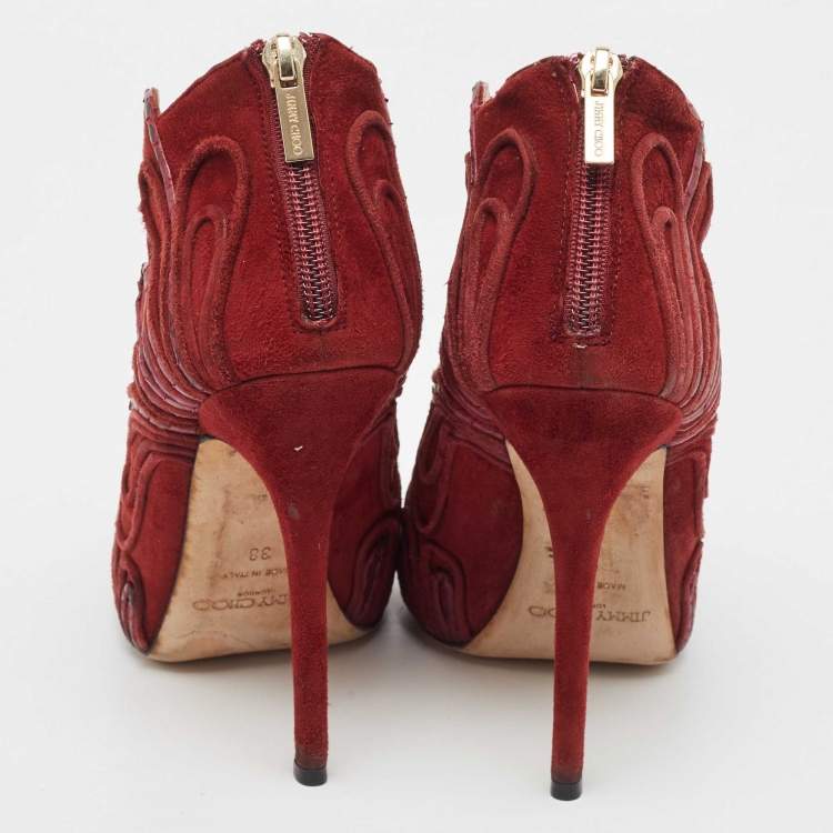 Pre Owned Jimmy Choo Burgundy Suede Floral Cut Out Peep Toe Ankle Booties Size 38