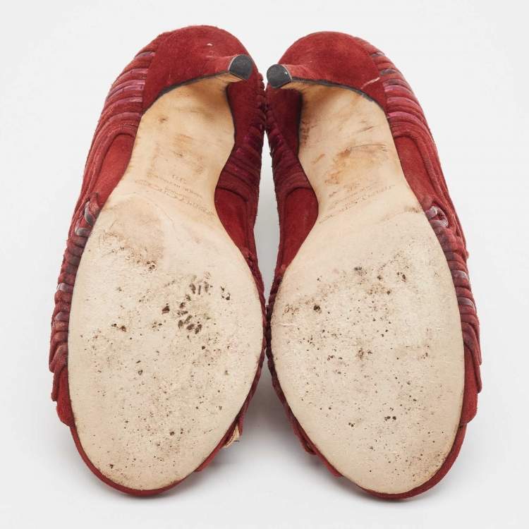 Pre Owned Jimmy Choo Burgundy Suede Floral Cut Out Peep Toe Ankle Booties Size 38