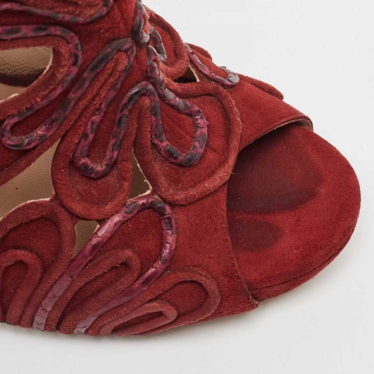 Pre Owned Jimmy Choo Burgundy Suede Floral Cut Out Peep Toe Ankle Booties Size 38
