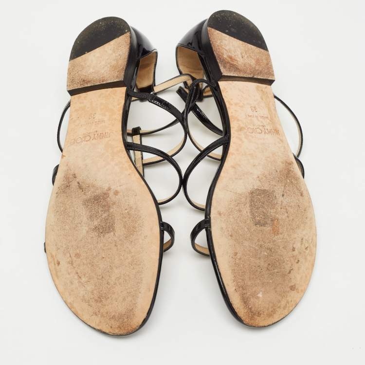 Pre Owned Jimmy Choo Black Patent Strappy Flat Sandals Size 39