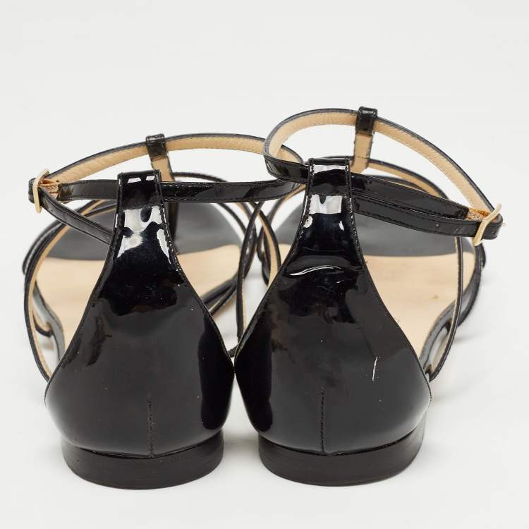 Pre Owned Jimmy Choo Black Patent Strappy Flat Sandals Size 39