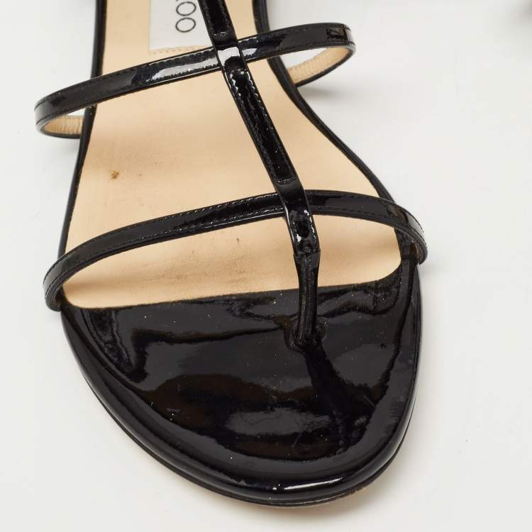 Pre Owned Jimmy Choo Black Patent Strappy Flat Sandals Size 39