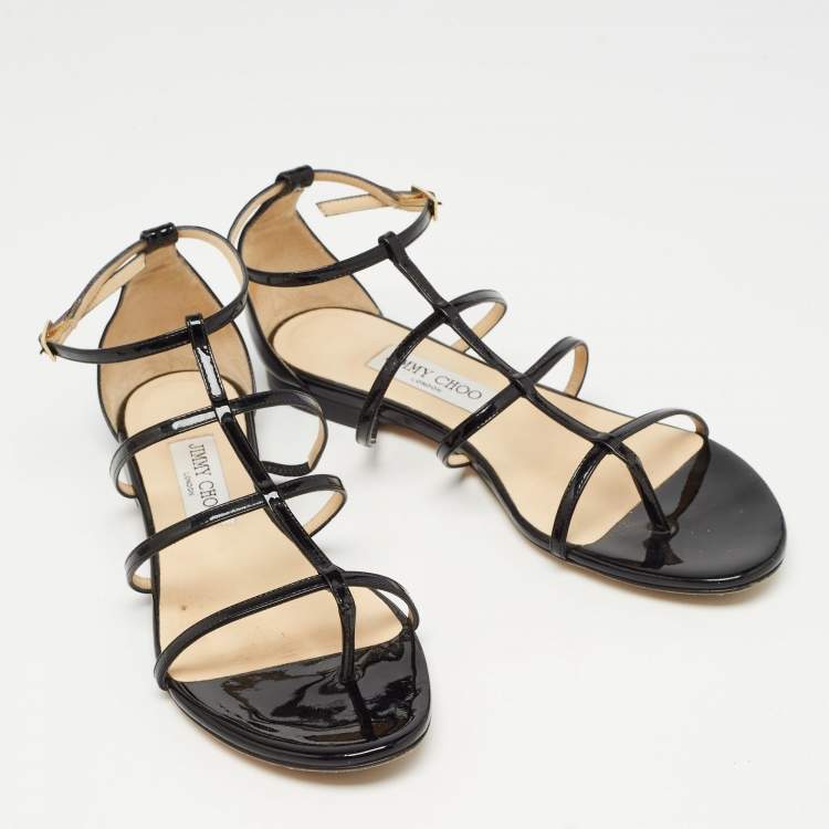 Pre Owned Jimmy Choo Black Patent Strappy Flat Sandals Size 39