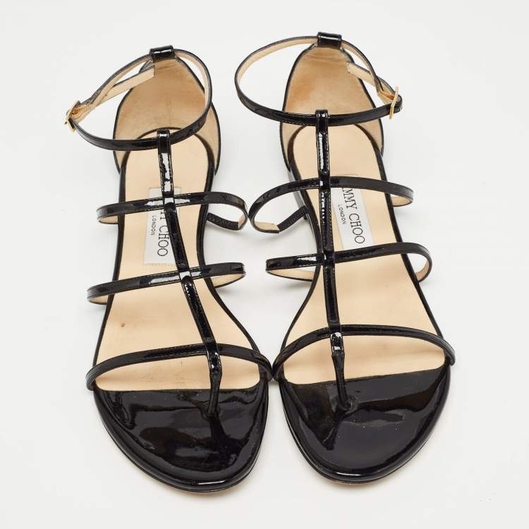 Pre Owned Jimmy Choo Black Patent Strappy Flat Sandals Size 39