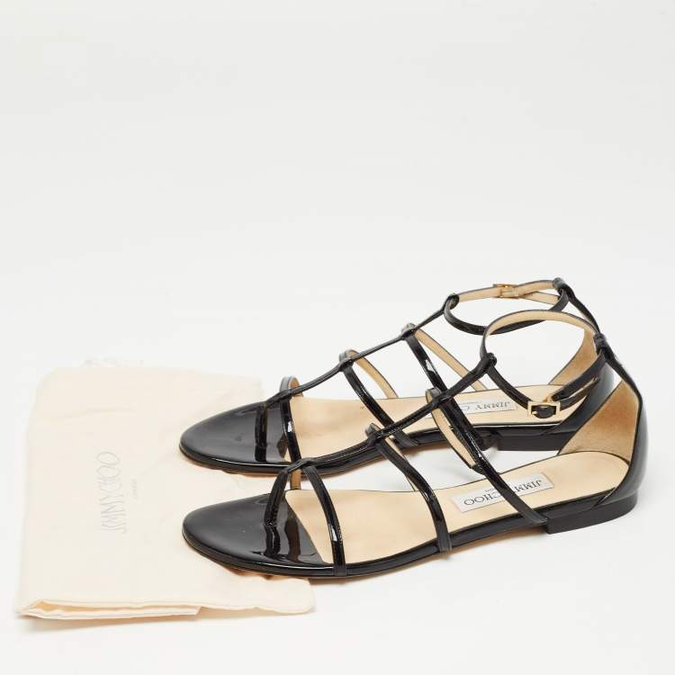 Pre Owned Jimmy Choo Black Patent Strappy Flat Sandals Size 39