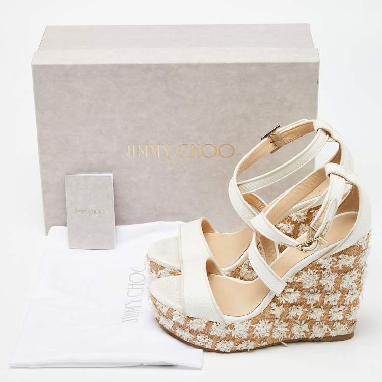 Pre Owned Jimmy Choo Beige Raffia and Leather Wedge Sandals Size 37