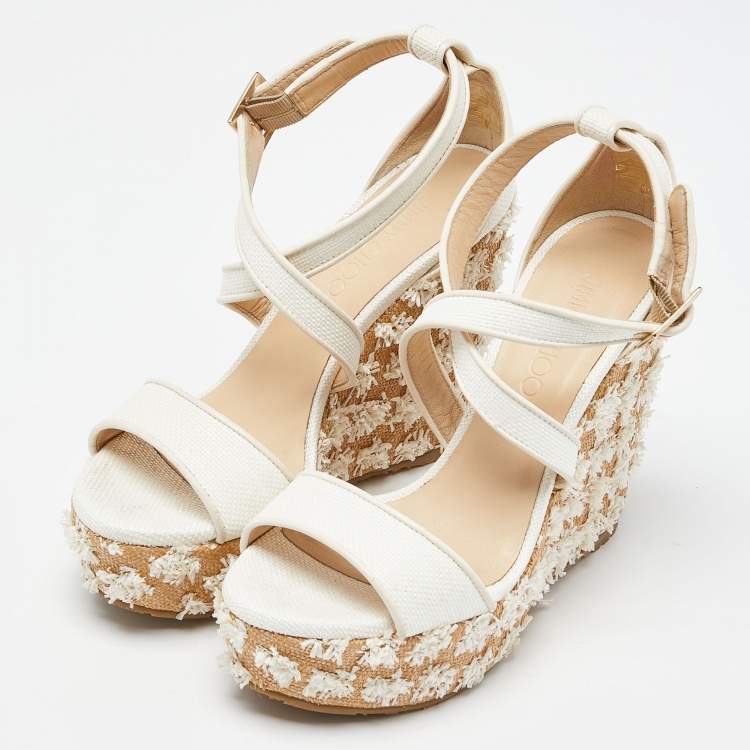 Pre Owned Jimmy Choo Beige Raffia and Leather Wedge Sandals Size 37