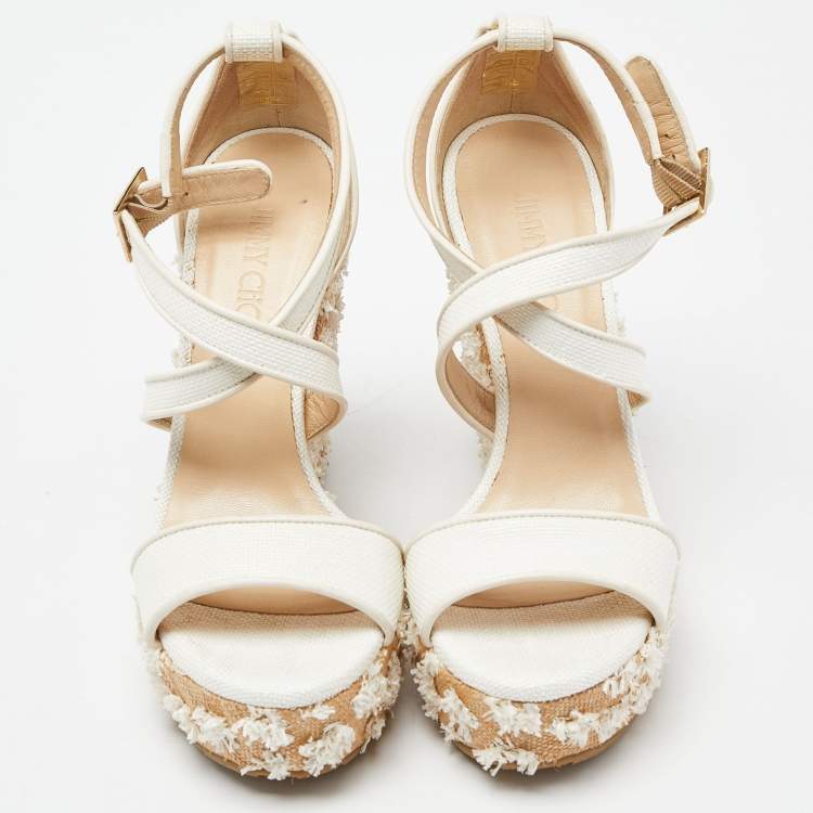 Pre Owned Jimmy Choo Beige Raffia and Leather Wedge Sandals Size 37
