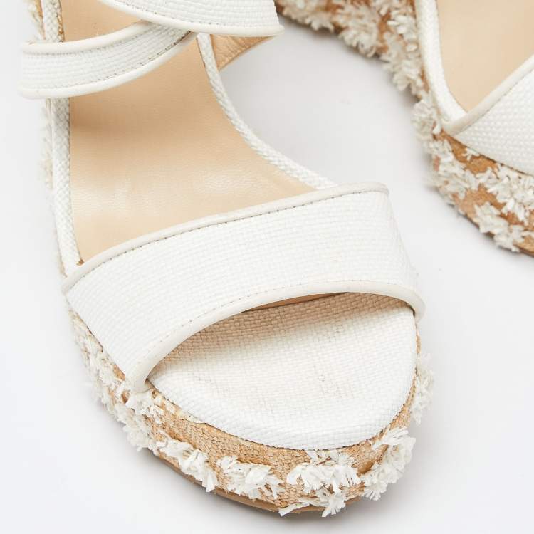 Pre Owned Jimmy Choo Beige Raffia and Leather Wedge Sandals Size 37