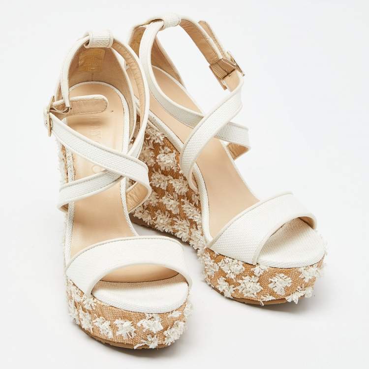 Pre Owned Jimmy Choo Beige Raffia and Leather Wedge Sandals Size 37