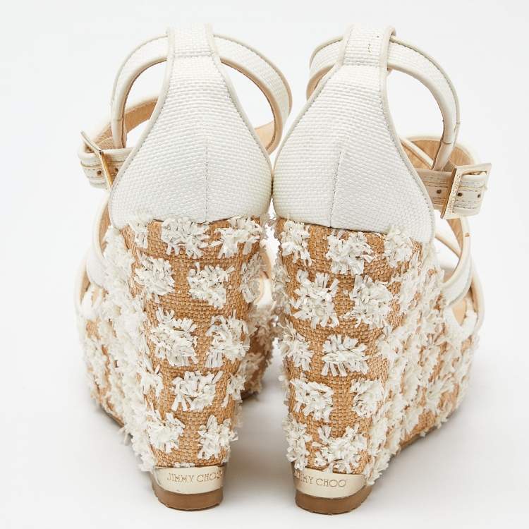 Pre Owned Jimmy Choo Beige Raffia and Leather Wedge Sandals Size 37