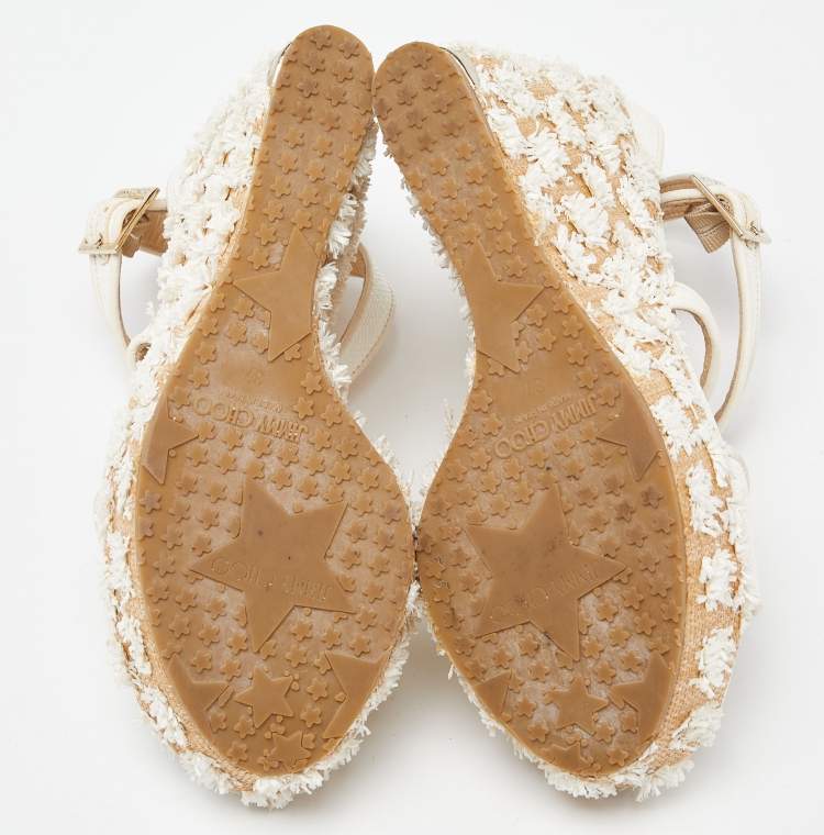 Pre Owned Jimmy Choo Beige Raffia and Leather Wedge Sandals Size 37