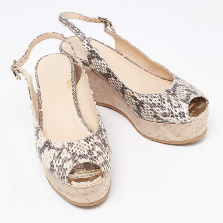 Pre Owned Jimmy Choo Two Tone Embossed Snakeskin Praise Wedge Slingback Pumps Size 36.5