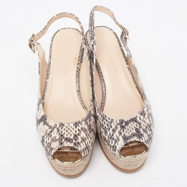 Pre Owned Jimmy Choo Two Tone Embossed Snakeskin Praise Wedge Slingback Pumps Size 36.5