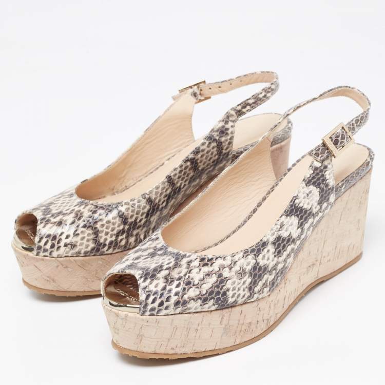 Pre Owned Jimmy Choo Two Tone Embossed Snakeskin Praise Wedge Slingback Pumps Size 36.5