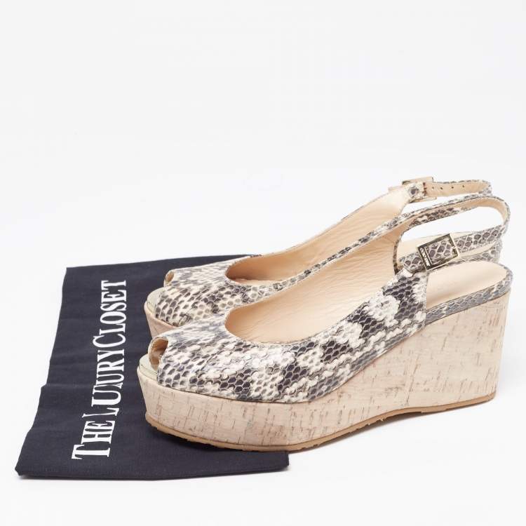 Pre Owned Jimmy Choo Two Tone Embossed Snakeskin Praise Wedge Slingback Pumps Size 36.5