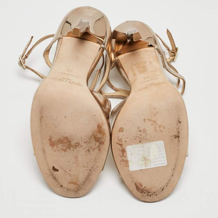Pre Owned Jimmy Choo Gold Leather Lang Ankle Strap Sandals Size 36