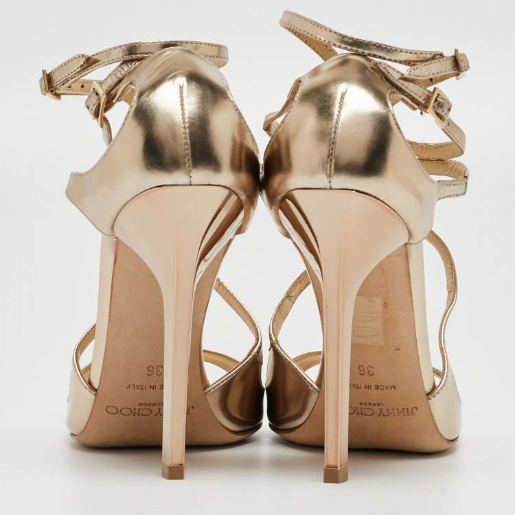 Pre Owned Jimmy Choo Gold Leather Lang Ankle Strap Sandals Size 36