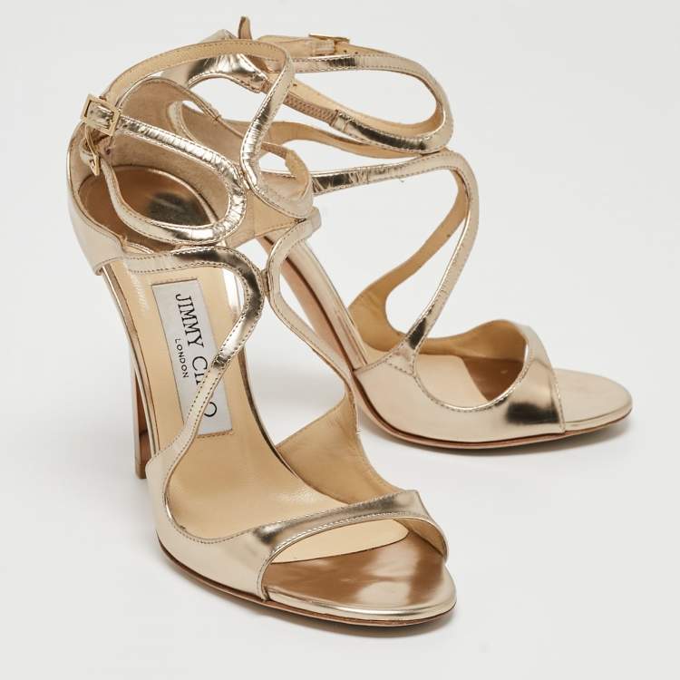 Pre Owned Jimmy Choo Gold Leather Lang Ankle Strap Sandals Size 36