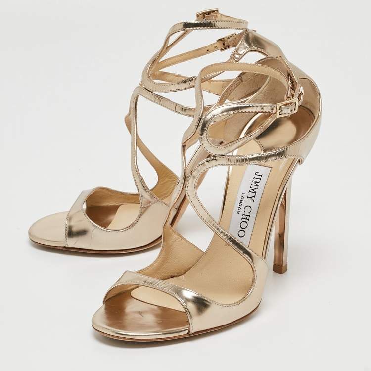 Pre Owned Jimmy Choo Gold Leather Lang Ankle Strap Sandals Size 36