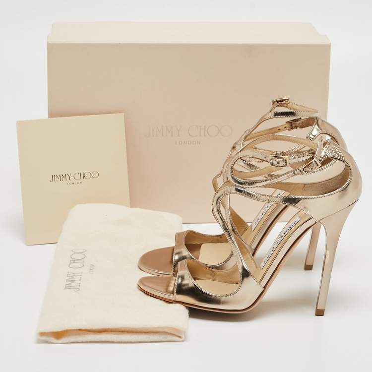 Pre Owned Jimmy Choo Gold Leather Lang Ankle Strap Sandals Size 36