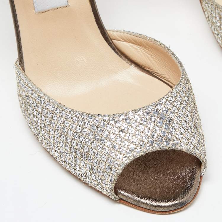 Pre Owned Jimmy Choo Silver/Gold Coarse Glitter Mary Jane Sandals Size 38