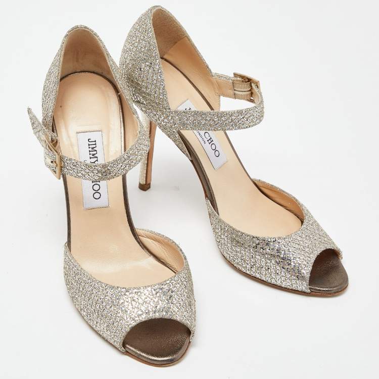 Pre Owned Jimmy Choo Silver/Gold Coarse Glitter Mary Jane Sandals Size 38