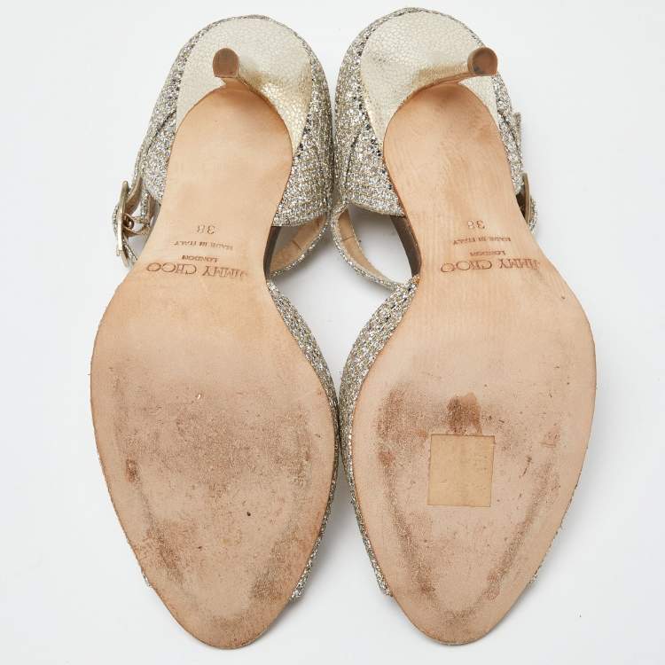 Pre Owned Jimmy Choo Silver/Gold Coarse Glitter Mary Jane Sandals Size 38
