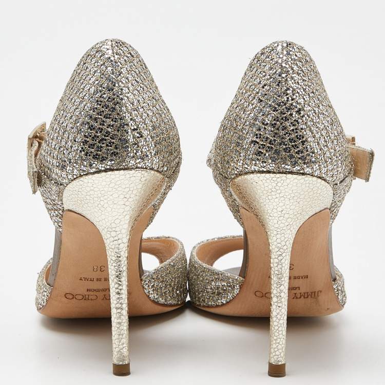 Pre Owned Jimmy Choo Silver/Gold Coarse Glitter Mary Jane Sandals Size 38